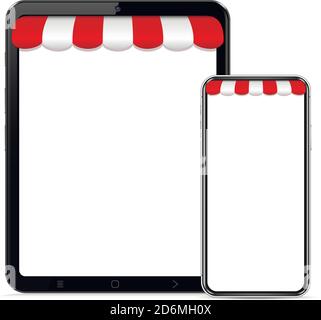 Realistic tablet and smartphone with awning for web design, banner, mobile app, landing page. Concept Shopping Online. Outdoor awnings. Stock Vector