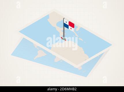 Panama selected on map with isometric flag of Panama. Vector paper map. Stock Vector