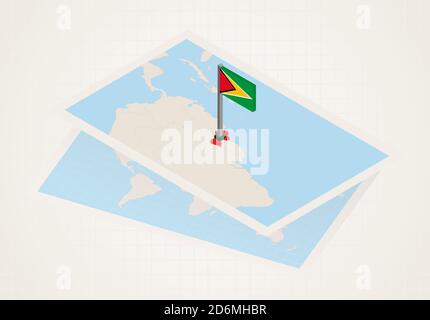 Guyana selected on map with isometric flag of Guyana. Vector paper map. Stock Vector