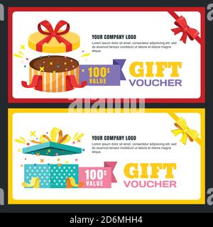 Gift voucher, certificate or coupon vector design layout. Discount banner or holidays greeting card template. Multicolor open present boxes. Stock Vector