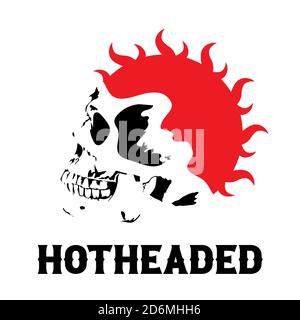 Skull with red flaming of sun, hotheaded, isolated on white. Vector illustration Stock Vector
