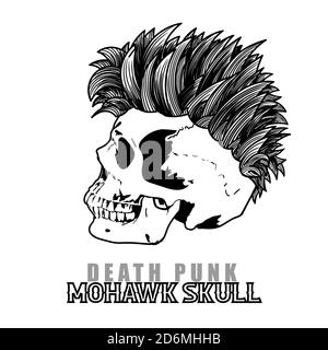 Punk human skull with mohawk hair style isolated on white. vector illustration. Stock Vector