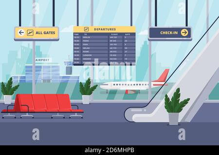 Airport terminal interior, vector flat illustration. Empty waiting lounge or departure hall with red chairs, escalator, panoramic window and airplane Stock Vector