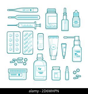 Pharmacy, medicine and healthcare vector line art illustration. Outline pills, drugs, bottles icons and design elements. Stock Vector