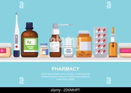 Pharmacy, medicine and healthcare vector horizontal seamless background. White shelf with pills, drugs, bottles, flat illustration. Drugstore concept. Stock Vector