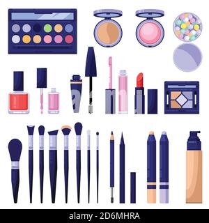 Makeup cosmetics colorful icons and vector design elements. Eyes, face, lips beauty and care products isolated on white background. Female fashion col Stock Vector