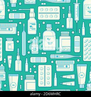 Pharmacy vector seamless pattern. Outline pills, drugs, bottles on blue background. Drugstore, medicine and healthcare vector illustration. Stock Vector