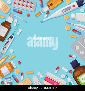 Pharmacy square frame with pills, drugs, medical bottles. Drugstore vector flat illustration. Medicine and healthcare banner, poster background Stock Vector