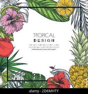 Tropical square frame with green palm leaves, pineapple, pomegranate, lemon. Vector hand drawn sketch illustration of jungle exotic plants and fruits. Stock Vector
