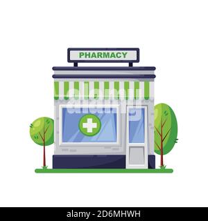 Drugstore building, isolated on white background. Green pharmacy store exterior, vector cartoon style icon design. Stock Vector