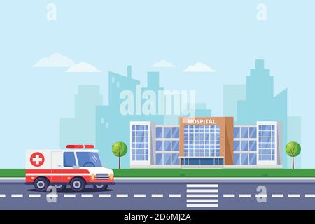 City hospital modern building, vector flat illustration. Clinic medical center, ambulance car on road. Healthcare and medicine design elements. Stock Vector