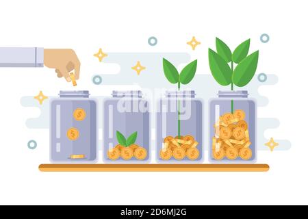 Investment and finance growth business concept. Hand putting coin in clear bottle. Green tree growing from money coins. Vector flat isolated illustrat Stock Vector