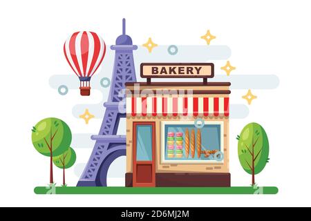 French bakery building with baguette, macarons, croissant on shop-window. Paris cityscape with Eiffel tower and street cafe. Vector flat illustration. Stock Vector