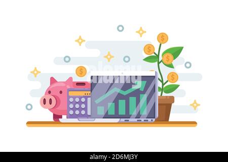 Investment and finance growth business concept. Piggy bank with coin, money tree and financial graph on monitor. Vector flat isolated illustration. Stock Vector