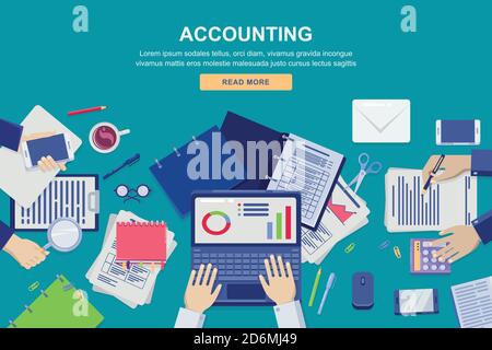 Work process in office, vector flat top view illustration. Accounting, business data analysis and financial audit concept. Stock Vector