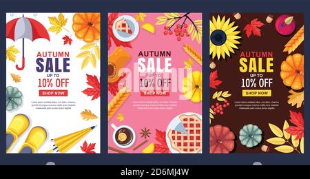 Fall seasonal illustration. Set of vector sale banner or poster template. Colorful frames, backgrounds and design elements. Autumn harvest, food, acce Stock Vector