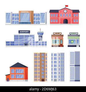 City residential and non-residential buildings, vector icons set. Municipal real estate objects isolated on white background. Stock Vector