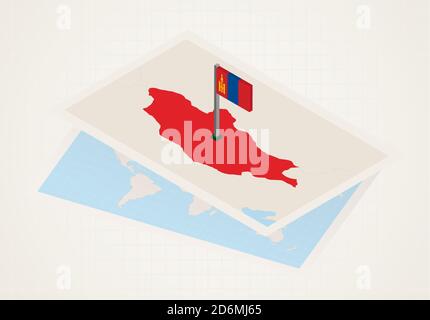 Mongolia selected on map with isometric flag of Mongolia. Vector paper map. Stock Vector