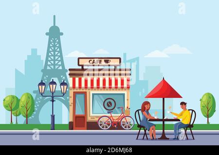 Young couple in Paris street cafe vector flat illustration. Man and woman drinking coffee on romantic dating. Travel to France design concept. Stock Vector