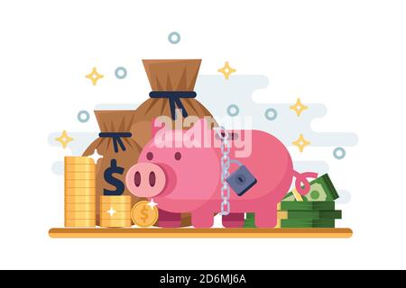 Saving and protection money deposit. Vector flat illustration of piggy bank with padlock. Financial security concept. Stock Vector