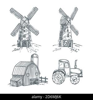 Mill, barn and tractor vector sketch illustration. Farming and harvesting hand drawn design elements. Stock Vector