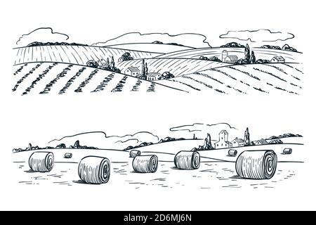 Farming fields landscape, vector sketch illustration. Agriculture and harvesting vintage background. Rural nature view. Stock Vector