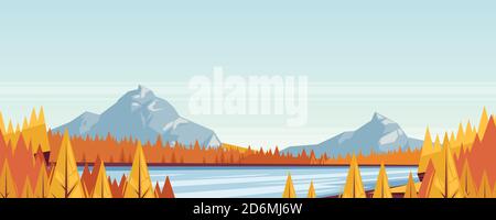 Seamless horizontal fall landscape background. Vector autumn illustration of mountains, hills, meadows, lake and river. Travel, outdoor hiking concept Stock Vector