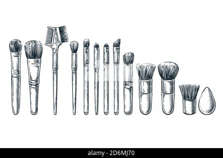 Makeup brushes vector sketch illustration. Female cosmetics design elements. Hand drawn isolated beauty tools. Stock Vector
