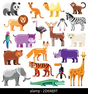 Zoo animals set. Vector flat illustration. Cute colorful characters isolated on white background. Stock Vector