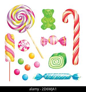 Candies isolated on white background. Vector desserts icons and design elements set. Multicolor sweet lollipops, marshmallow, cane, caramels and jelly Stock Vector