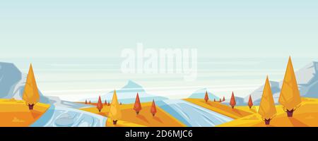 Seamless horizontal autumn landscape background. Vector fall season illustration of mountains, hills, yellow meadows, lake and river. Travel, outdoor Stock Vector