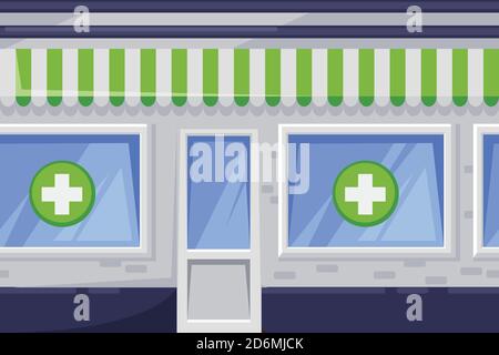 Seamless horizontal background with green pharmacy shop. Vector cartoon illustration of city drugstore building. Stock Vector