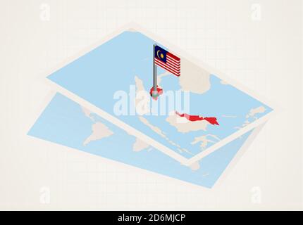 Malaysia selected on map with isometric flag of Malaysia. Vector paper map. Stock Vector