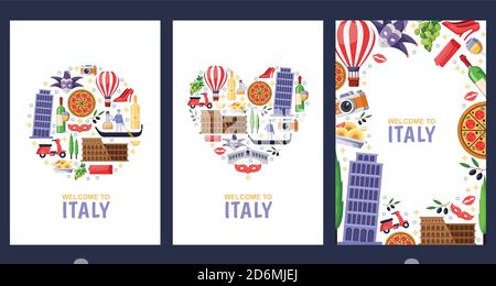 Welcome to Italy greeting souvenir cards, print or poster design template. Travel to Roma and Venice flat illustration. Circle, heart shapes and frame Stock Vector