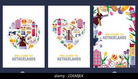 Welcome to Netherlands greeting souvenir cards, print or poster design template. Travel to Amsterdam vector flat illustration. Circle, heart shapes an Stock Vector