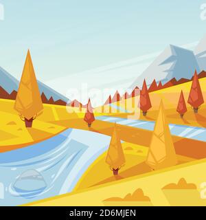 Autumn landscape. Vector fall illustration of hills, meadows and mountains. Nature outdoor background. Stock Vector