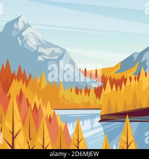 Lake in mountain valley, vector fall illustration. Autumn landscape background. River surrounded by forest. Outdoor travel concept. Stock Vector