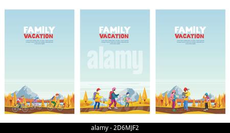 Family autumn vacation. Cycling, hiking and outdoors sports activity. Mom, dad and kid riding bicycles and walking on mountain road. Vector cartoon st Stock Vector