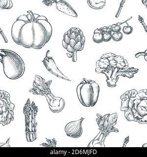 Vegetables seamless black white pattern. Vector sketch illustration. Farming and harvesting background. Fresh veggies market package design. Stock Vector