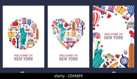 Welcome to New York greeting souvenir cards, print or poster design template. Travel to USA flat illustration. Circle, heart shapes and frame backgrou Stock Vector