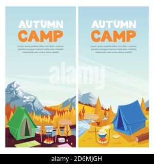 Autumn camping in mountains valley, vector banner, poster design template. Adventures, travel and eco tourism concept. Touristic camp tent and nature Stock Vector