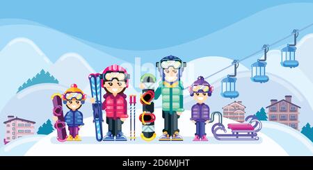 Happy family at winter ski resort, vector flat style illustration. Weekend travel in mountains, leisure outdoor concept. Stock Vector