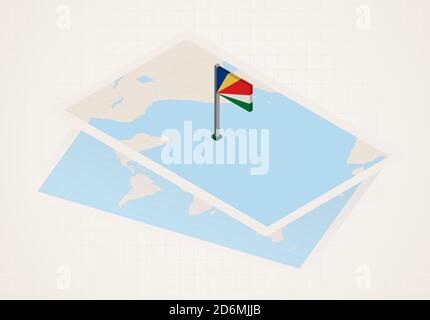 Seychelles selected on map with isometric flag of Seychelles. Vector paper map. Stock Vector
