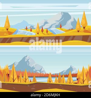 Mountain trail, autumn landscape background. Vector fall season illustration of road, hills, yellow meadows, lake and river. Travel, outdoor hiking co Stock Vector