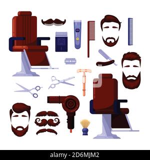 Barbershop mens salon icons and vector design elements. Barber, shaving and hairdresser vintage tools and equipment isolated on white background. Stock Vector