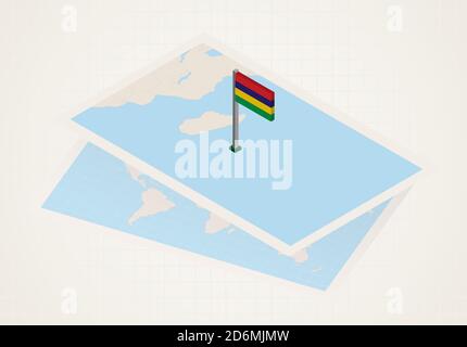 Mauritius selected on map with isometric flag of Mauritius. Vector paper map. Stock Vector