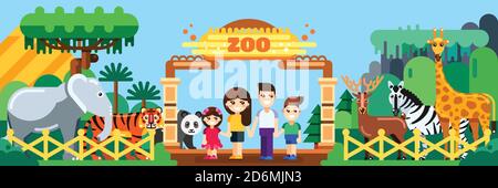 Happy family in zoo, vector flat style illustration. Weekend in park, leisure outdoor concept. Stock Vector
