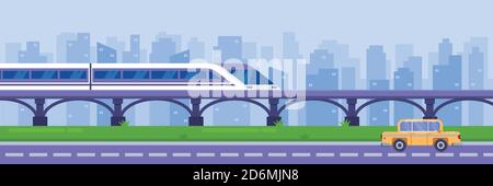 Modern high speed train on railway bridge. Railway passenger public transport, vector illustration. Railroad travel and trip concept.
