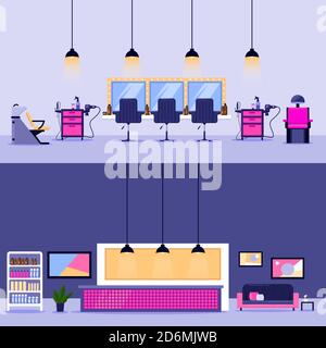 Beauty salon interior, vector flat illustration. Reception desk and barber workplace design elements. Stock Vector