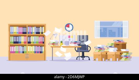 Office cabinet with piles of paper documents, files and folders on the desk. Deadline, bureaucracy and paperwork business concept. Vector flat illustr Stock Vector